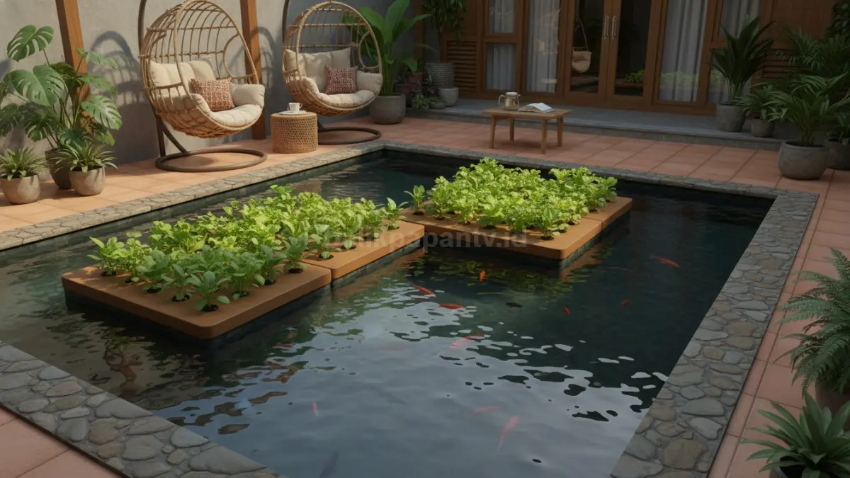 Kolam akuaponik santai memadukan budidaya ikan dan sayuran, menghadirkan panen ganda hemat lahan produktif. (BTV/Ai)
