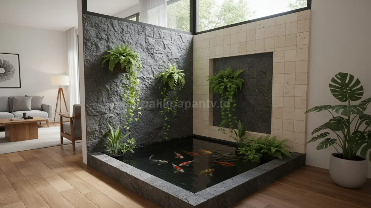 Kolam batu alam tropis dengan tanaman hijau menghadirkan suasana taman mini menenangkan di dalam rumah (BTV/Ai)
