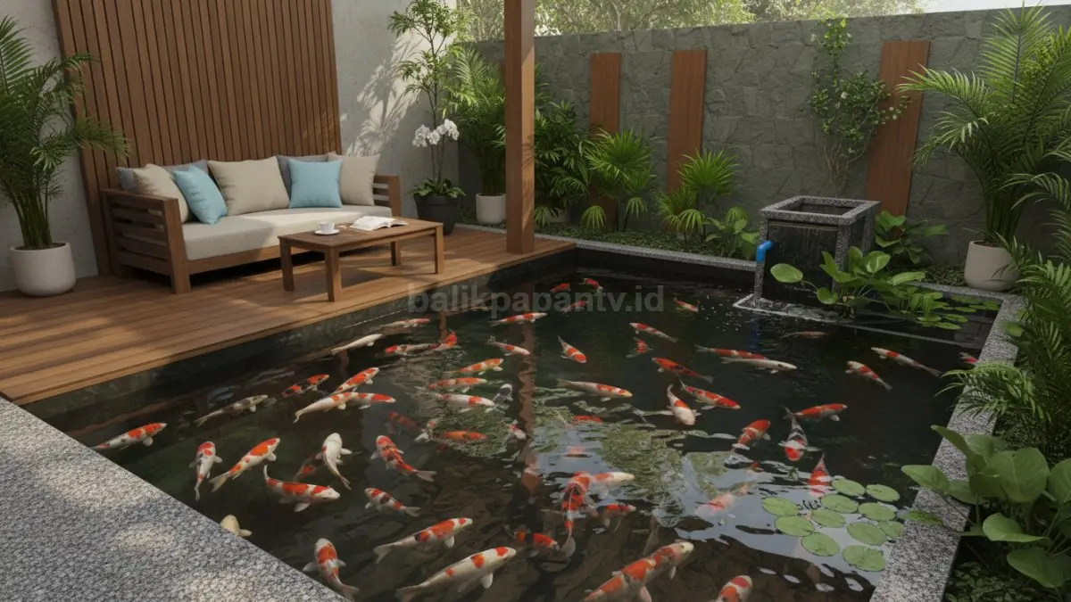Kolam koi mini 2x3 meter berpadu area duduk kayu nyaman, estetis, sekaligus produktif. (BTV/Ai)
