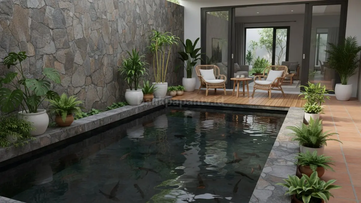 Kolam lele estetik berpadu batu alam dan tanaman hijau, produktif sekaligus mempercantik teras modern rumah (BTV/Ai)
