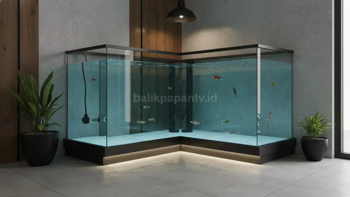 Kolam minimalis kaca transparan menghadirkan tampilan modern, menampilkan ikan hias dari berbagai sudut rumah. (BTV/Ai)
