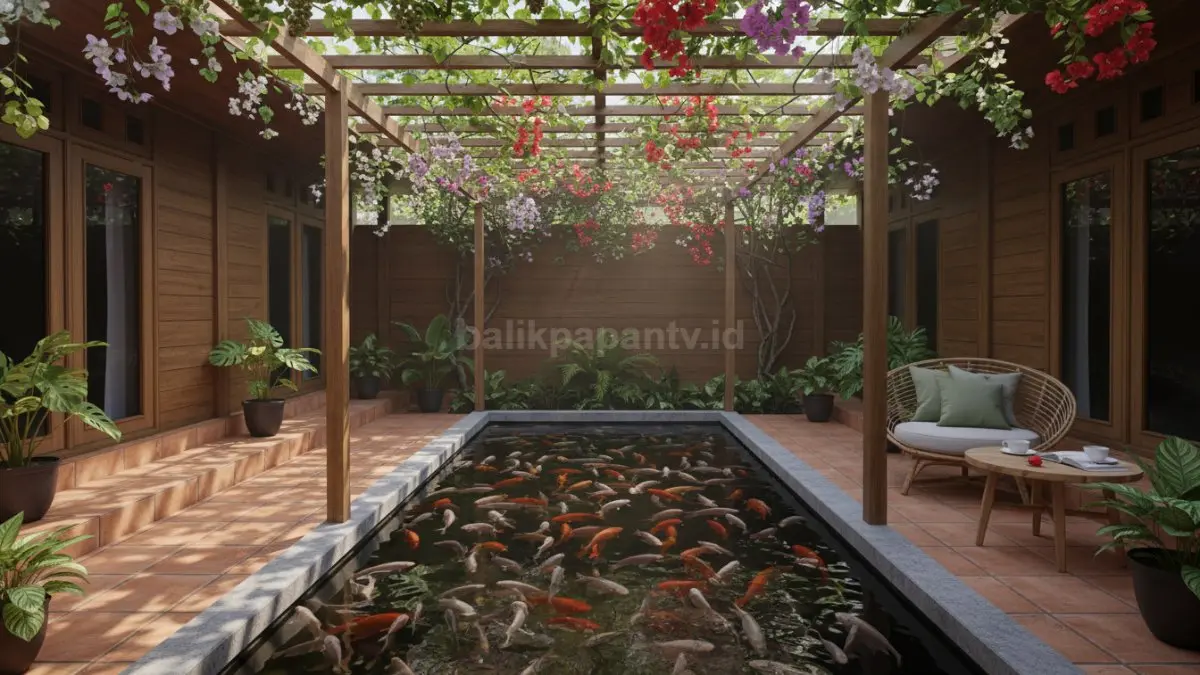 Kolam nila/mas konsumsi di teras depan memadukan fungsi budidaya, estetika, kenyamanan, dan peluang usaha rumah. (BTV/Ai)
