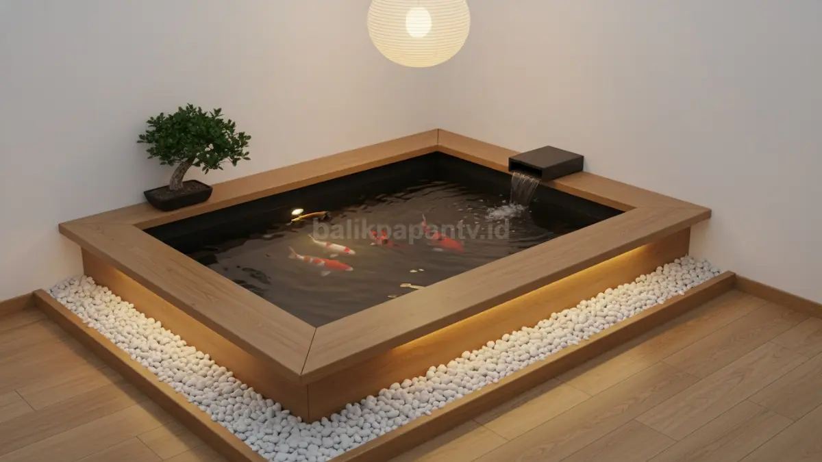 Kolam zen bergaya Jepang dengan kayu, koral putih, dan cahaya hangat menghadirkan ketenangan alami. (BTV/Ai)
