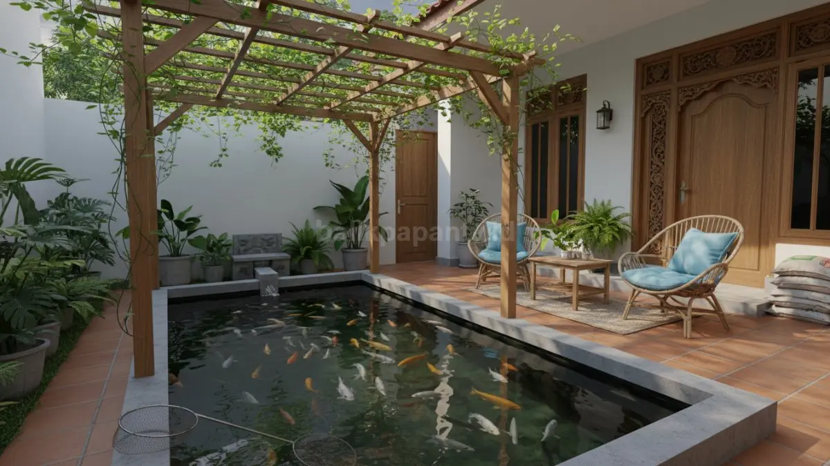 Teras rumah memadukan budidaya ikan dan sayuran segar.