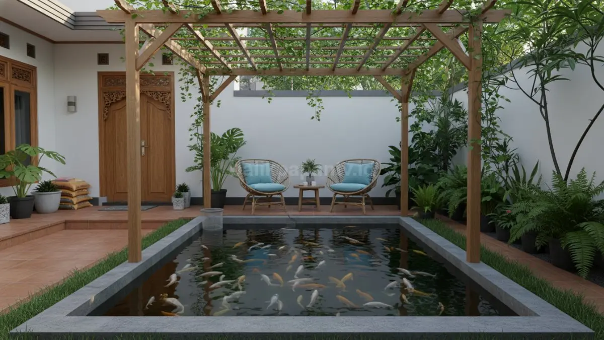 Teras rumah modern dengan kolam ikan produktif yang nyaman untuk bersantai dan budidaya.