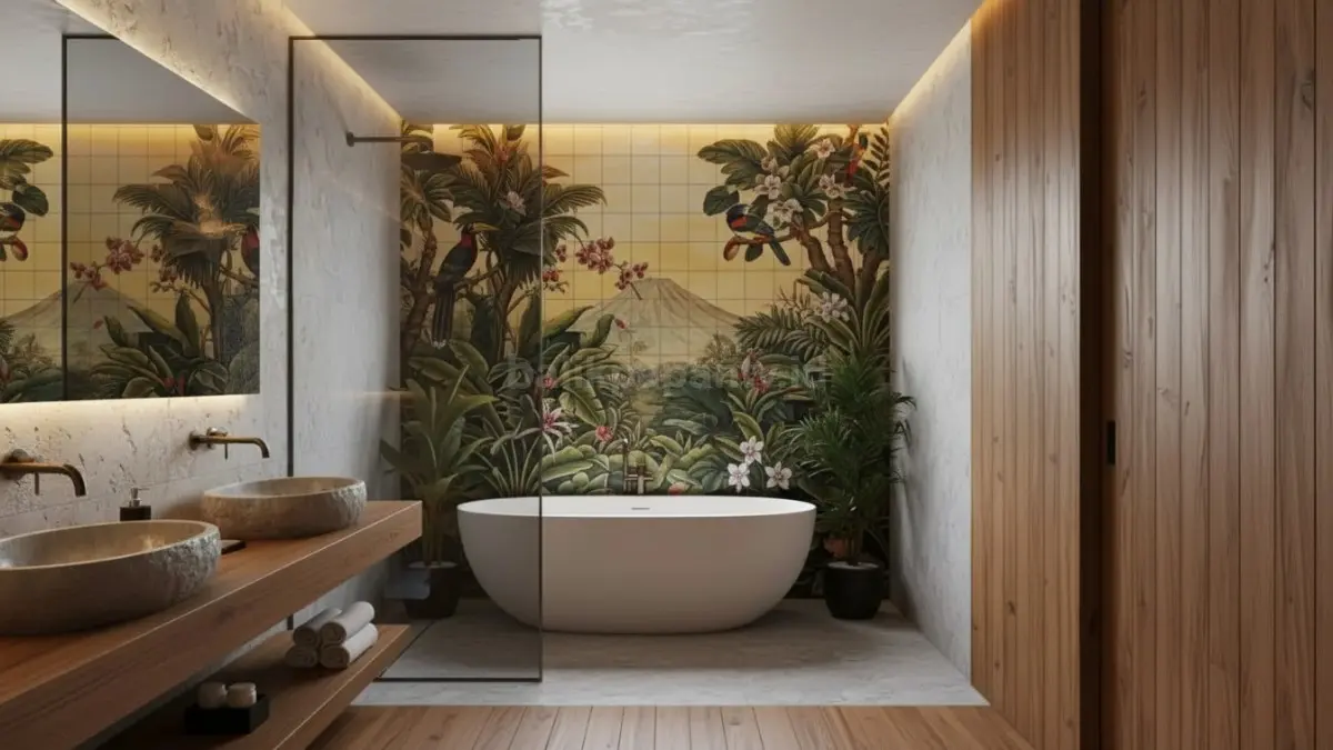 Aksen kayu tahan air memberikan sentuhan hangat yang menyeimbangkan kesan dingin pada kamar mandi modern. (BTV/Ai)