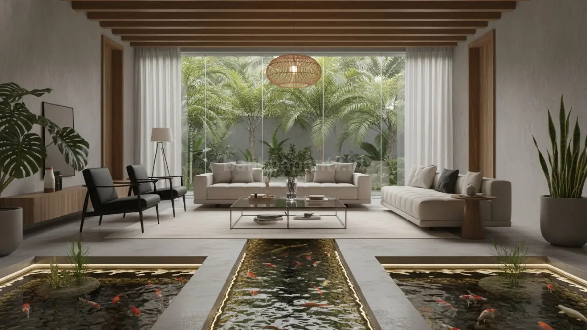 Area ruang keluarga dengan kolam koi indoor memanjang sebagai pusat perhatian interior.
