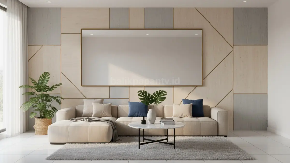 Cermin oversized dan wall panel modern pada ruang tamu minimalis yang menciptakan kesan luas dan terang (BTV/Ai)