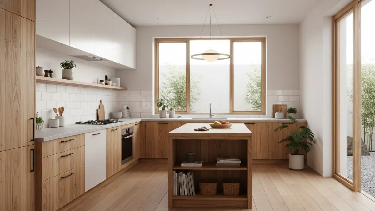 Dapur Japandi minimalis dengan kabinet kayu natural dan pencahayaan hangat. (BTV/Ai)
