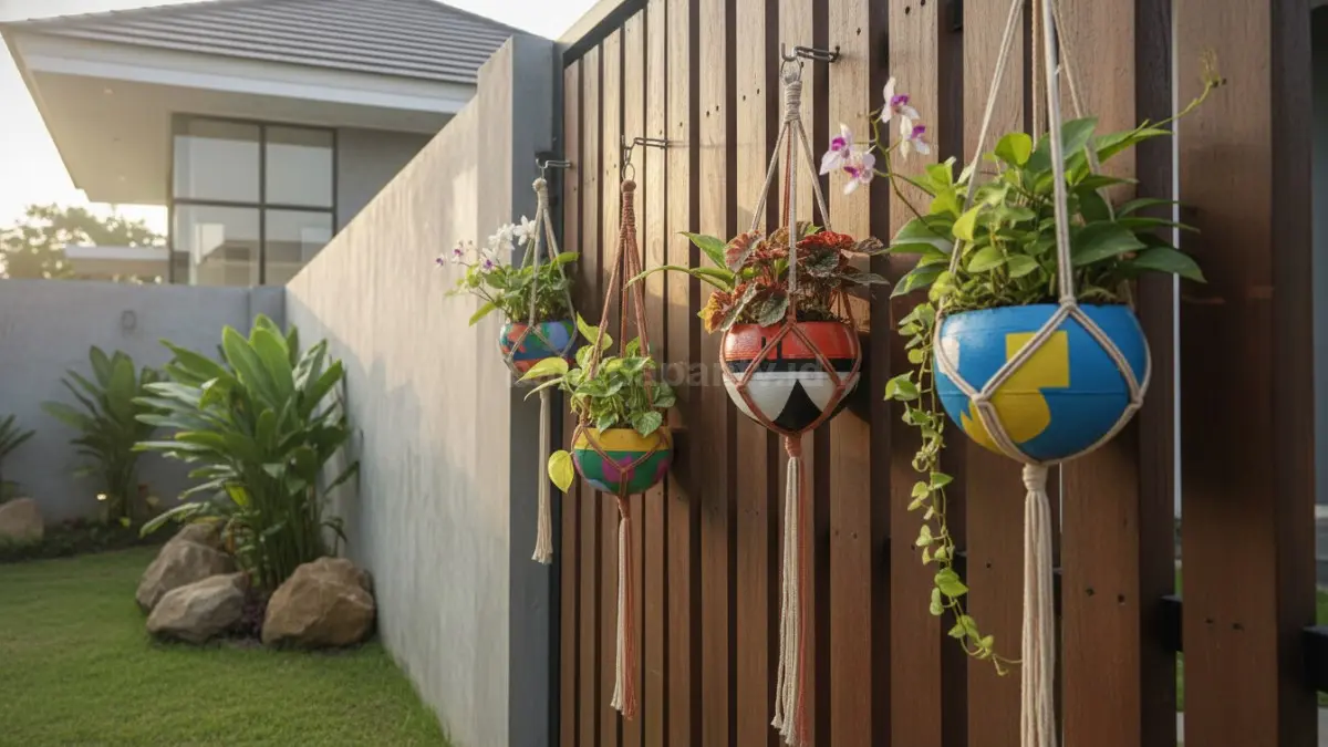 DIY bola kempes menjadi pot gantung unik untuk dekorasi pagar taman.
