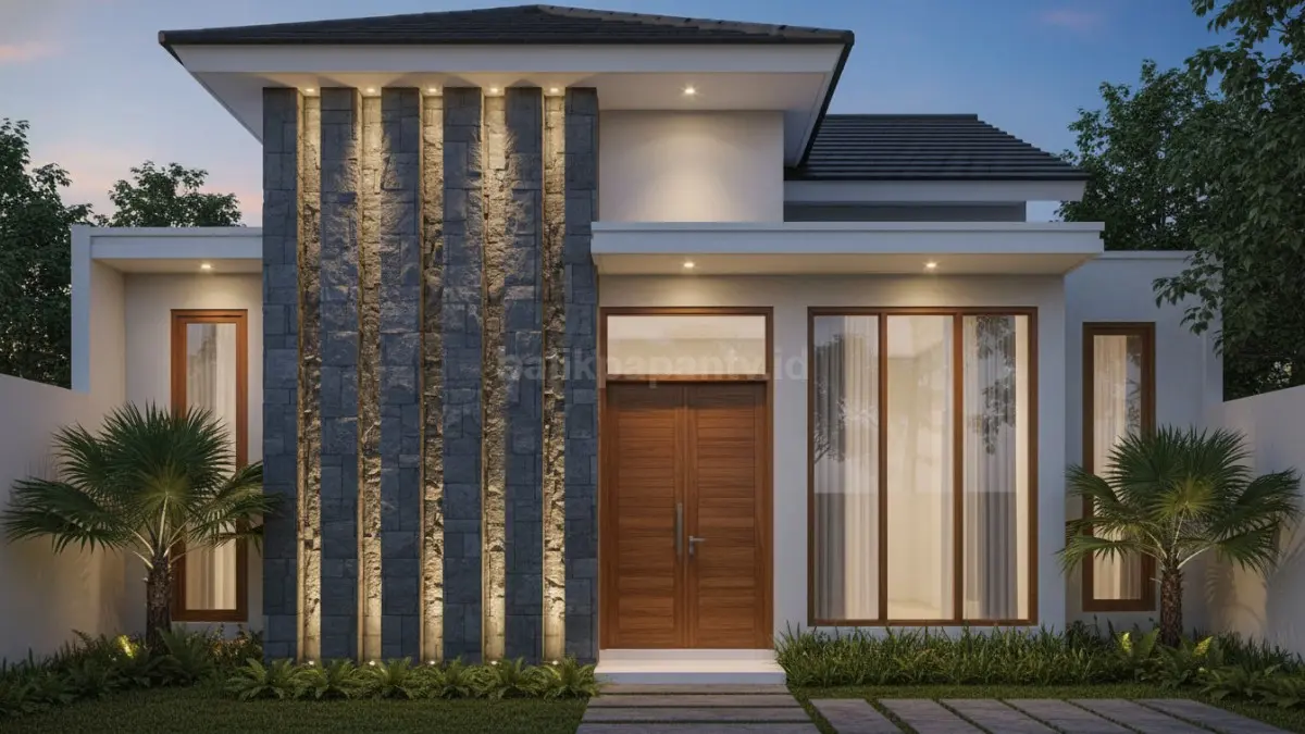 Fasad batu alam vertikal memberikan kesan modern, kokoh, dan elegan pada tampilan rumah.. (BTV/Ai)