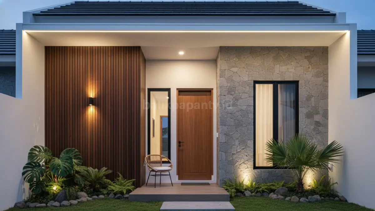 Fasad rumah modern dengan kombinasi batu alam, panel kayu, dan pencahayaan eksterior elegan.. (BTV/Ai)