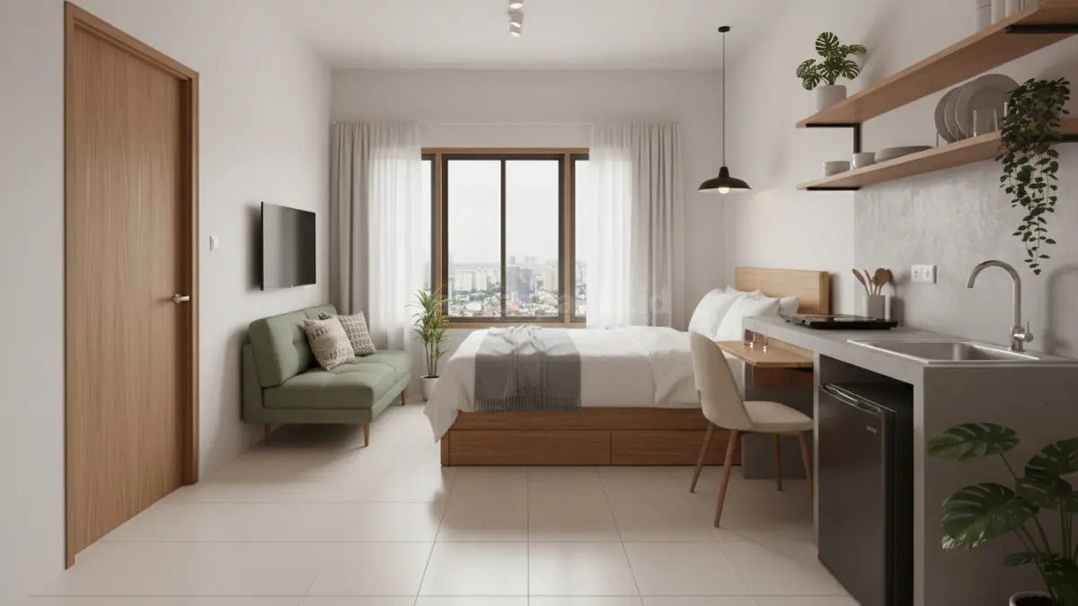Hunian tipe studio mandiri 24–27 meter persegi, praktis, efisien, nyaman bagi pekerja lajang modern. (BTV/Ai)
