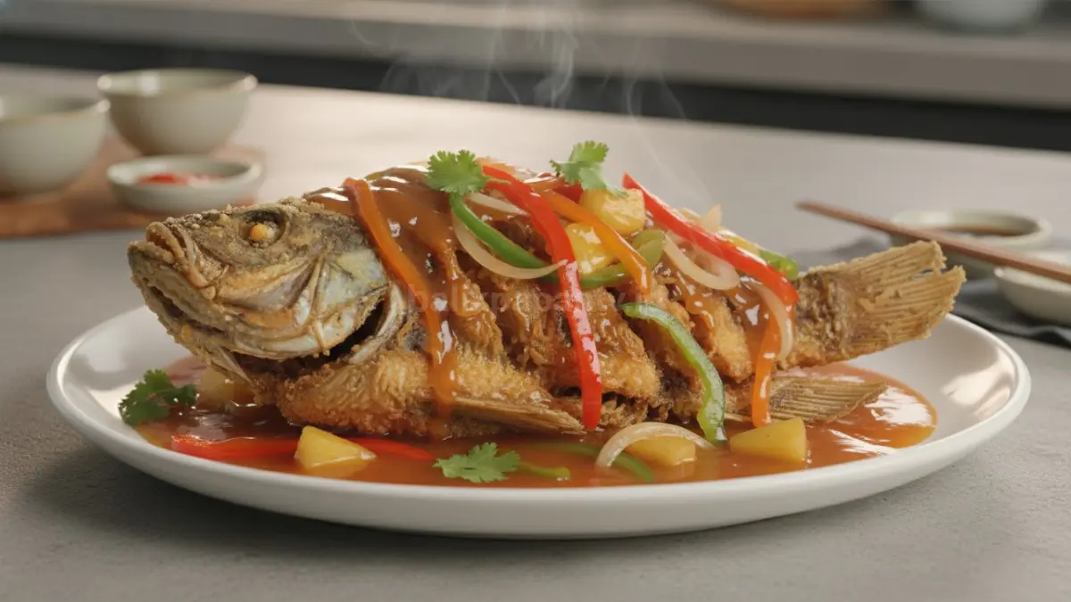 Ikan asam manis renyah disiram saus kental gurih dalam sajian hangat yang menggugah selera.
