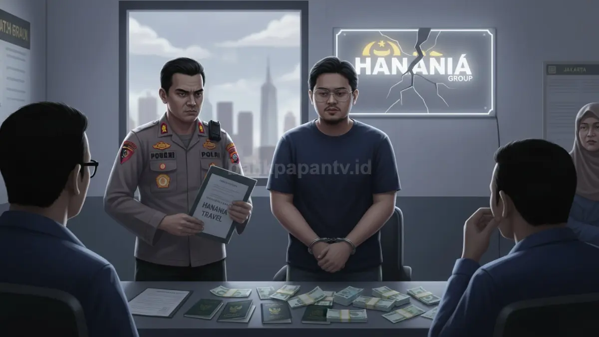 Ilustrasi Kasus Hanania Travel dengan sorotan penegakan hukum dan jemaah umrah (BTV/Ai)