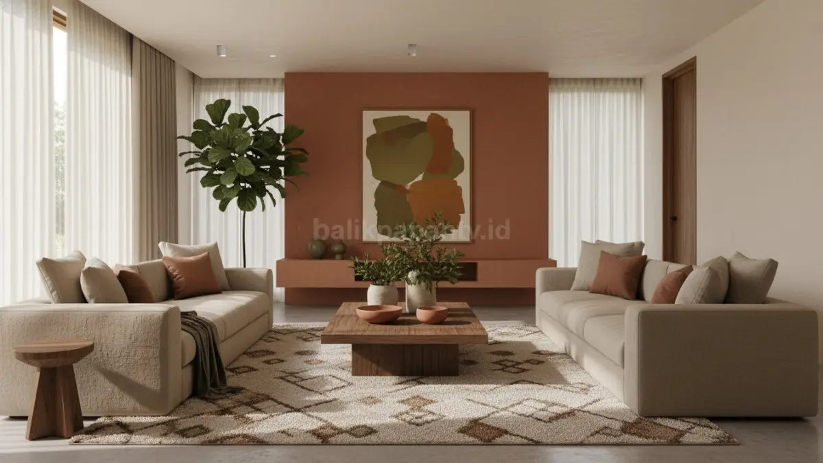 Interior ruang tamu modern dengan kombinasi beige, terracotta, dan olive green yang menciptakan kesan elegan dan hangat. (BTV/Ai)