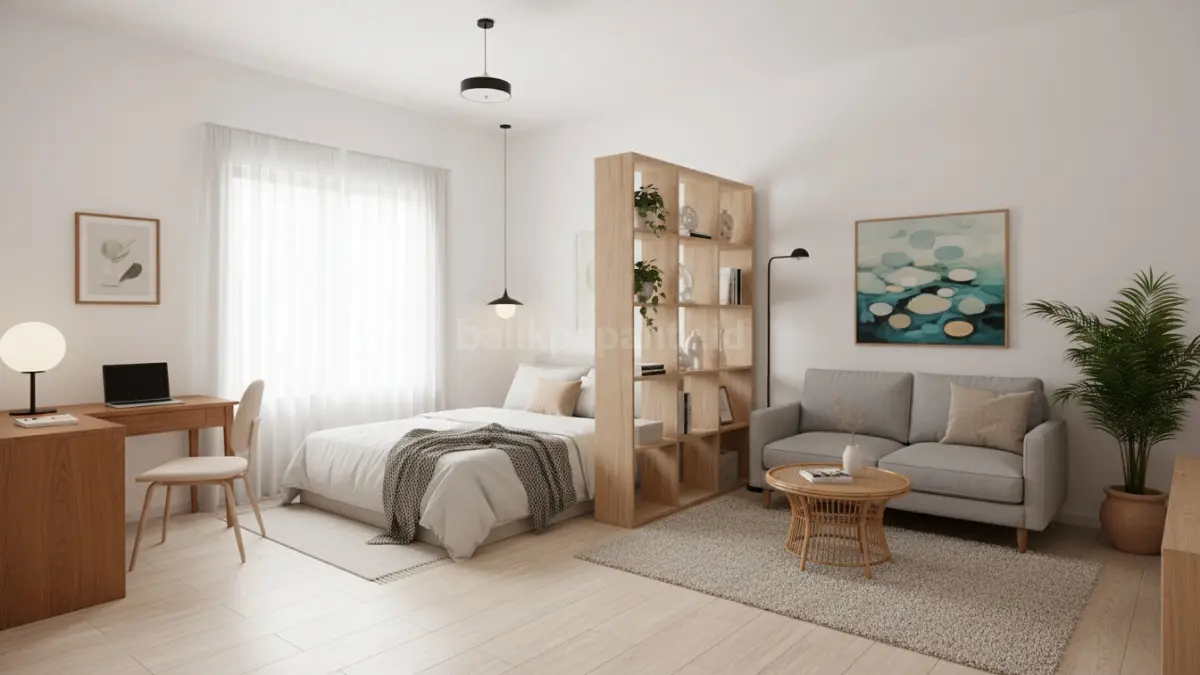 Interior studio kecil menggunakan furnitur multifungsi dan pencahayaan alami yang efisien.