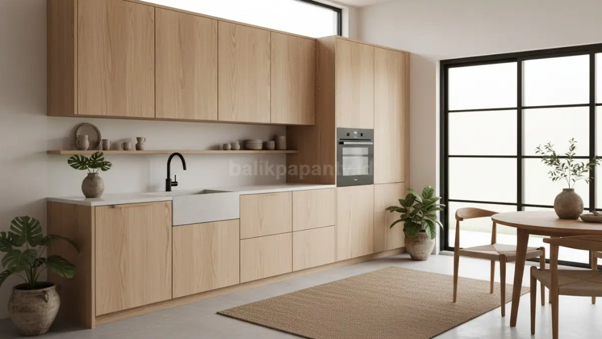 Kabinet dapur minimal tanpa ornamen berlebihan menciptakan tampilan yang bersih, rapi, dan modern dengan fokus pada fungsi penyimpanan. (BTV/Ai)