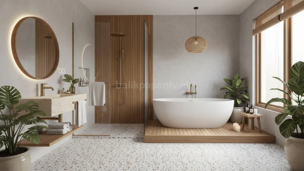 Kamar mandi modern bergaya hotel bintang lima dengan kaca walk-in shower dan marmer netral. (BTV/Ai)