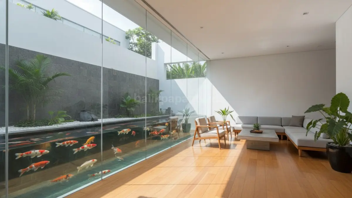 Kolam ikan koi di dalam rumah modern dengan pencahayaan alami dan desain minimalis yang menenangkan.