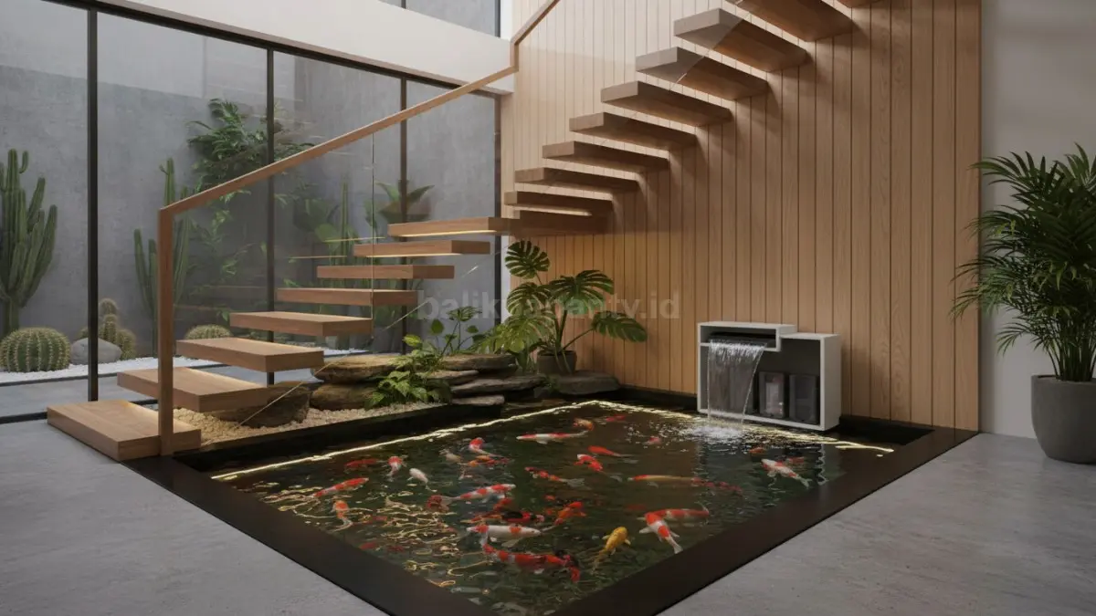 Kolam koi bawah tangga dengan sistem filtrasi modern dan tata ruang hemat lahan.
