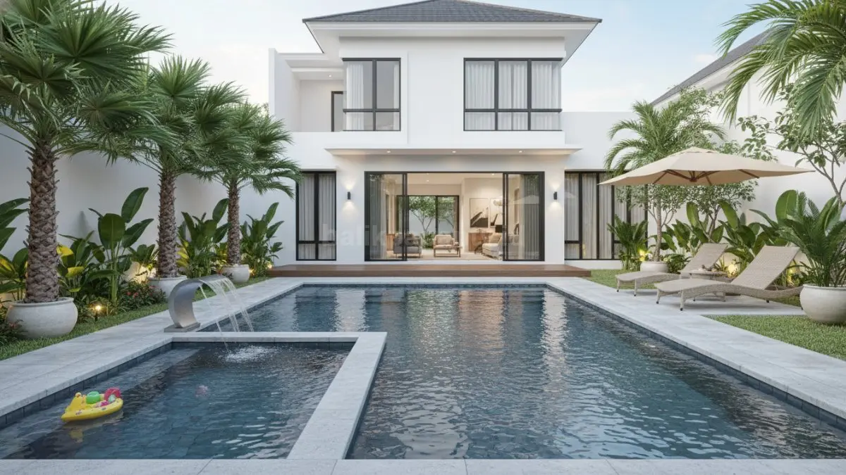 Kolam renang keluarga modern dengan area dangkal anak dan zona santai dewasa di halaman rumah
