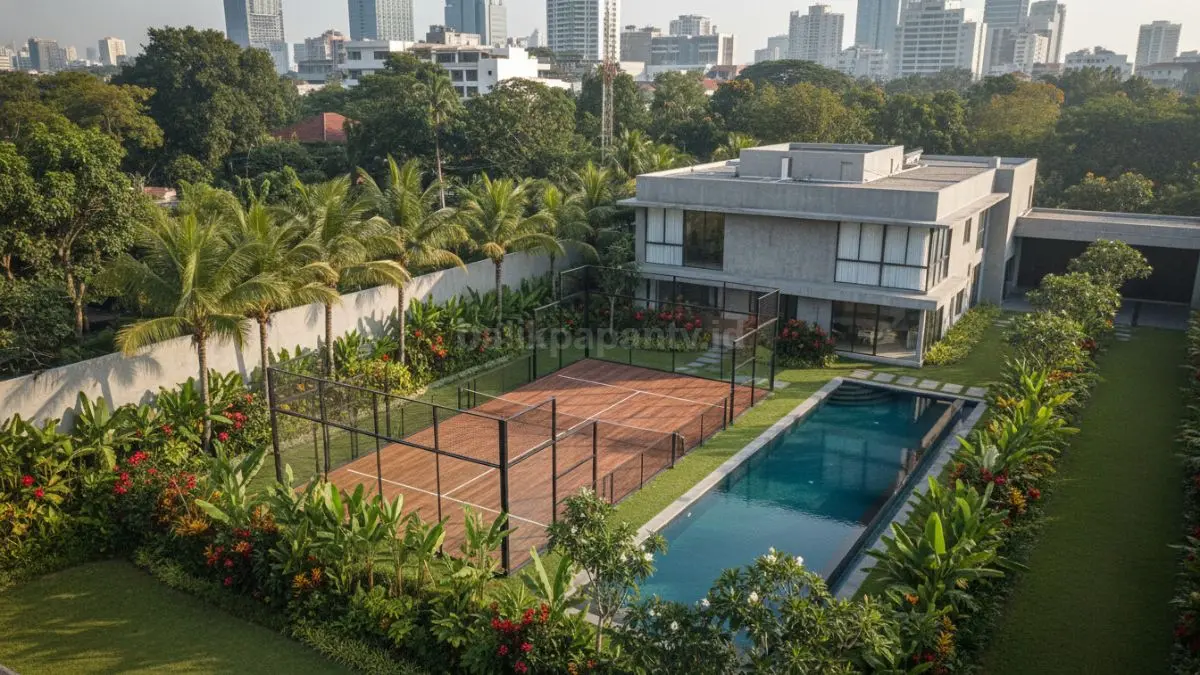Konsep padel menyatu dengan taman tropis pada hunian modern perkotaan.

