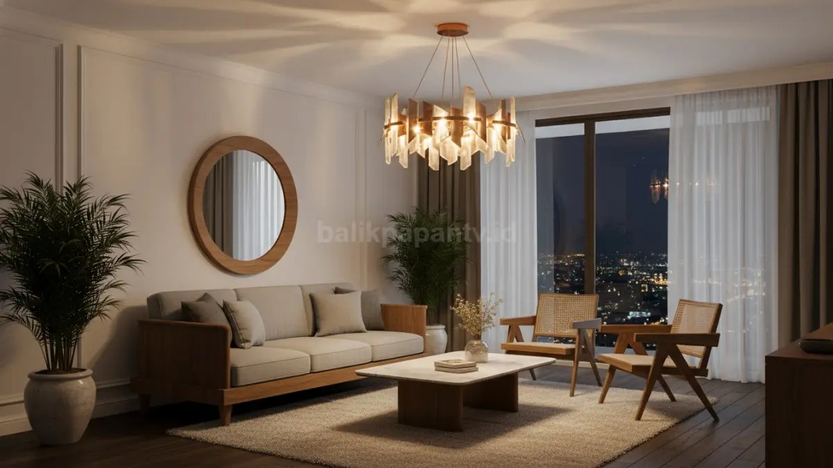 Lampu gantung artistik modern menjadi fokus utama ruang tamu dengan desain elegan dan pencahayaan hangat. (BTV/Ai)