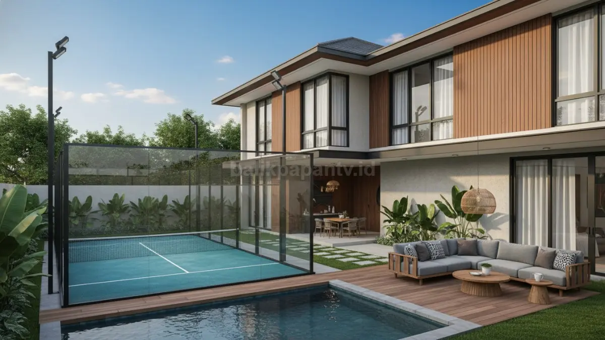 Lapangan padel mini di pekarangan rumah modern minimalis dengan area santai keluarga.
