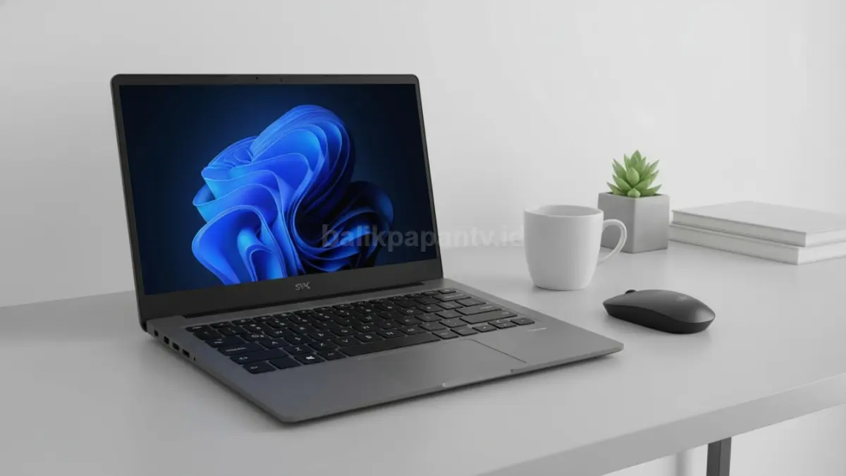 Laptop SPC Style 5 dengan desain minimalis abu-abu dan layar IPS Full HD untuk produktivitas harian. (BTV/Ai)