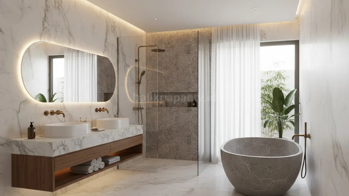 Material batu alam dan marmer halus memberikan kesan mewah, natural, dan elegan pada kamar mandi bergaya hotel. (BTV/Ai)