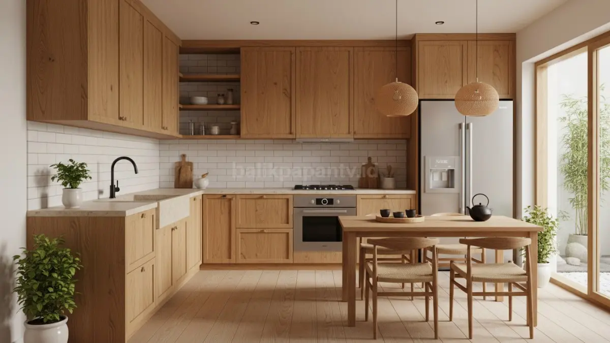 Material kayu natural tone hangat menghadirkan suasana dapur yang alami, nyaman, dan elegan dengan sentuhan lembut. (BTV/Ai)