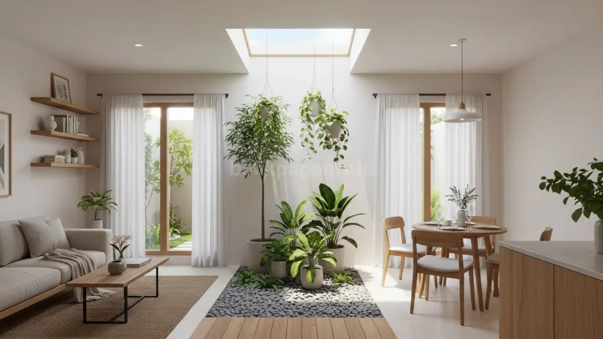 Model rumah tipe kecil modern dengan taman minimalis dan ruang keluarga terbuka untuk keluarga muda.