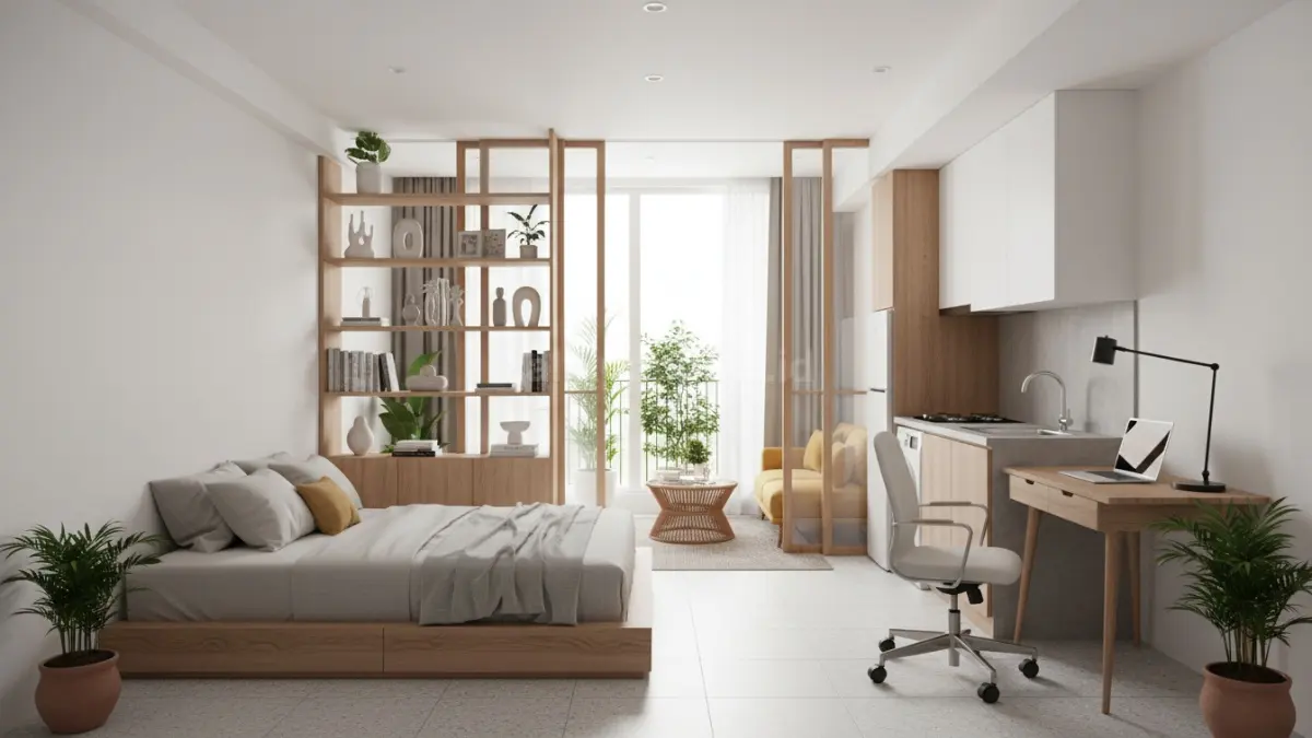 Model rumah tipe studio 24–27 meter persegi dengan ruang multifungsi yang nyaman untuk pekerja lajang modern.