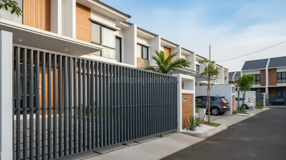 Pagar besi hollow vertikal rapat yang kuat dan aman, cocok untuk rumah minimalis modern perkotaan. (BTV/Ai)