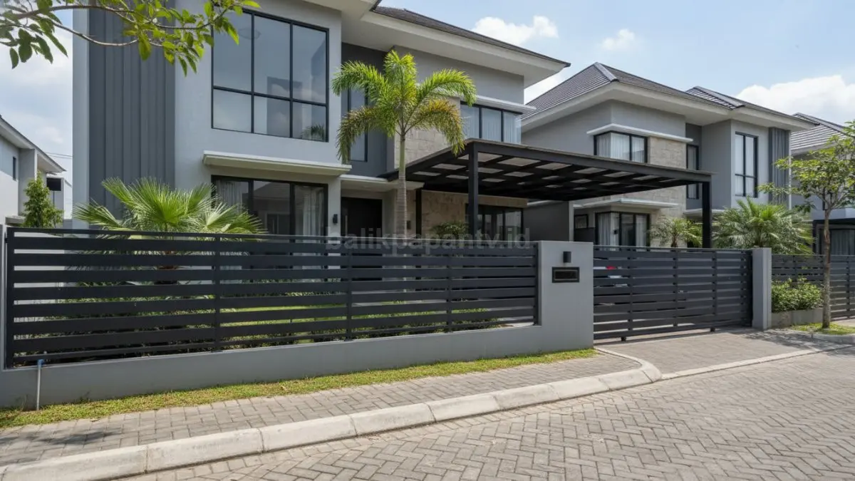 Pagar besi horizontal minimalis dengan garis-garis rapi yang memberikan kesan modern dan luas pada fasad rumah, cocok untuk hunian kecil hingga menengah. (BTV/Ai)