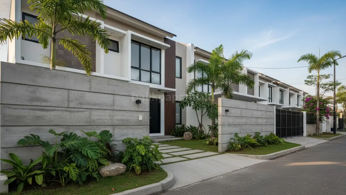Pagar beton ekspos minimalis dengan kesan industrial modern, cocok untuk rumah kontemporer perkotaan. (BTV/Ai)
