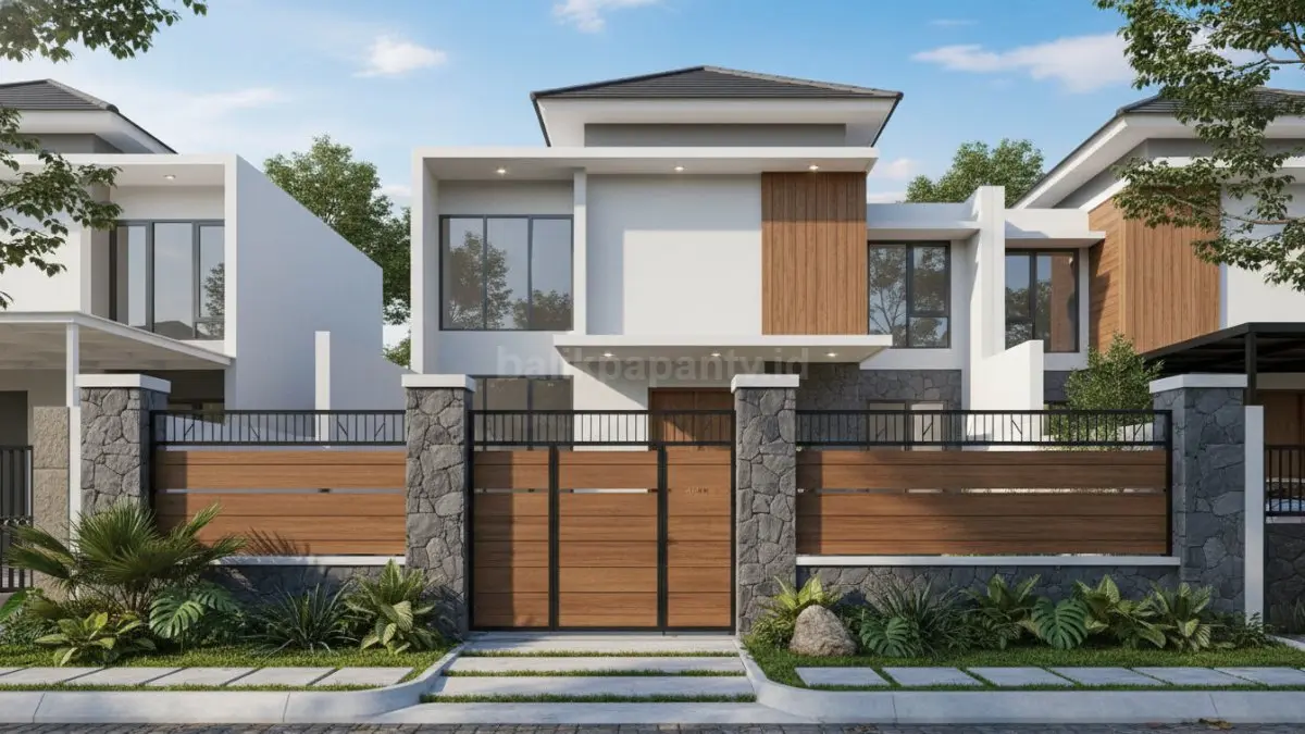 Pagar kombinasi batu alam dengan besi atau kayu yang menghadirkan kesan natural, kuat, dan mewah bernuansa tropis modern. (BTV/Ai)