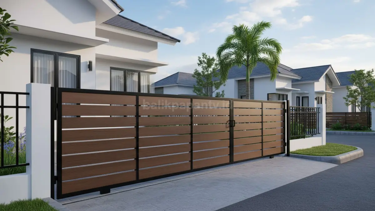 Pagar kombinasi kayu dan besi yang menghadirkan kesan hangat, kuat, dan modern, cocok untuk rumah di iklim tropis. (BTV/Ai)
