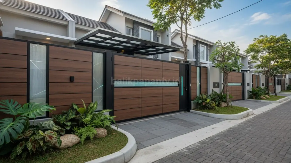 Pagar rumah anti maling estetik modern dengan material besi dan beton minimalis. (BTV/Ai)