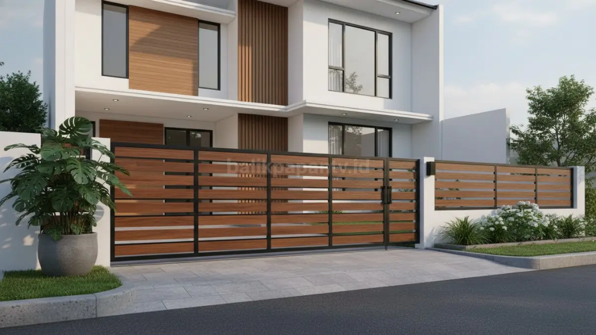 Pagar rumah sederhana modern dengan desain minimalis elegan dan finishing premium. (BTV/Ai)