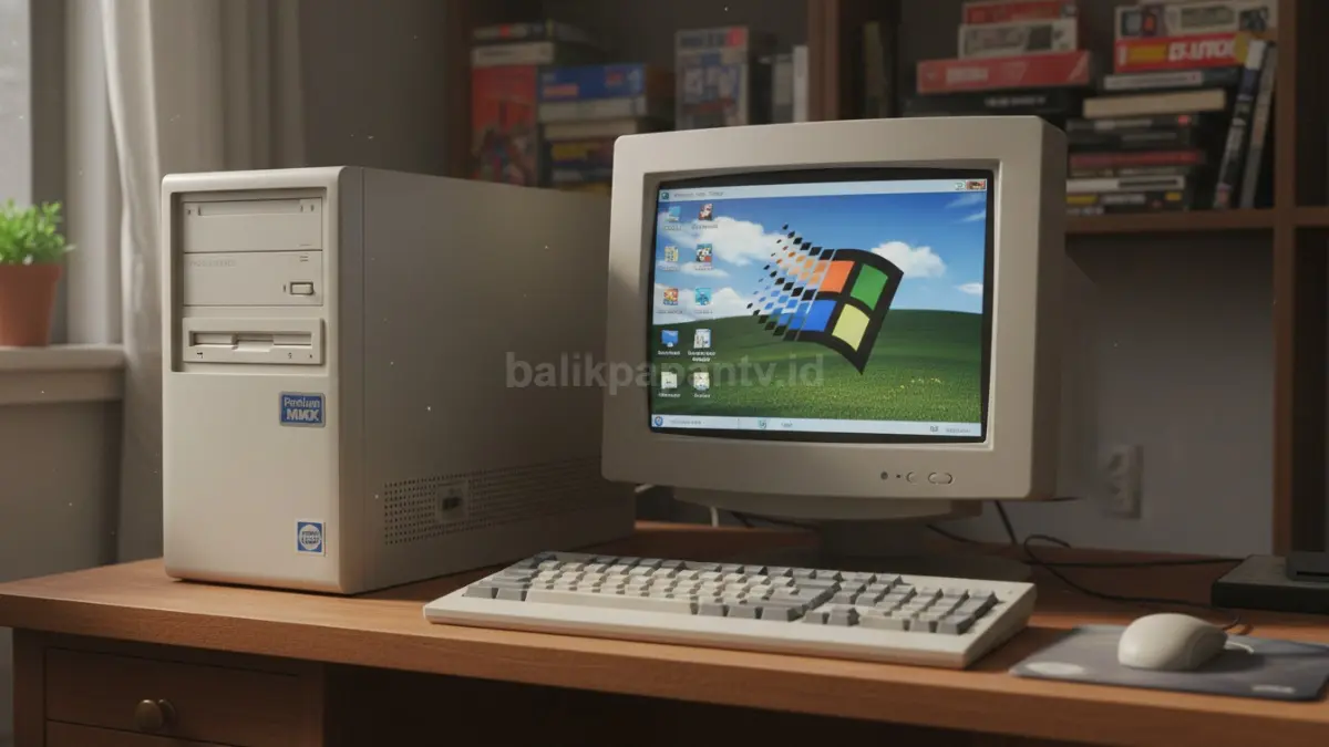 PC Windows 98 berbasis Intel Pentium MMX lengkap dengan monitor CRT yang kembali menarik perhatian kolektor.