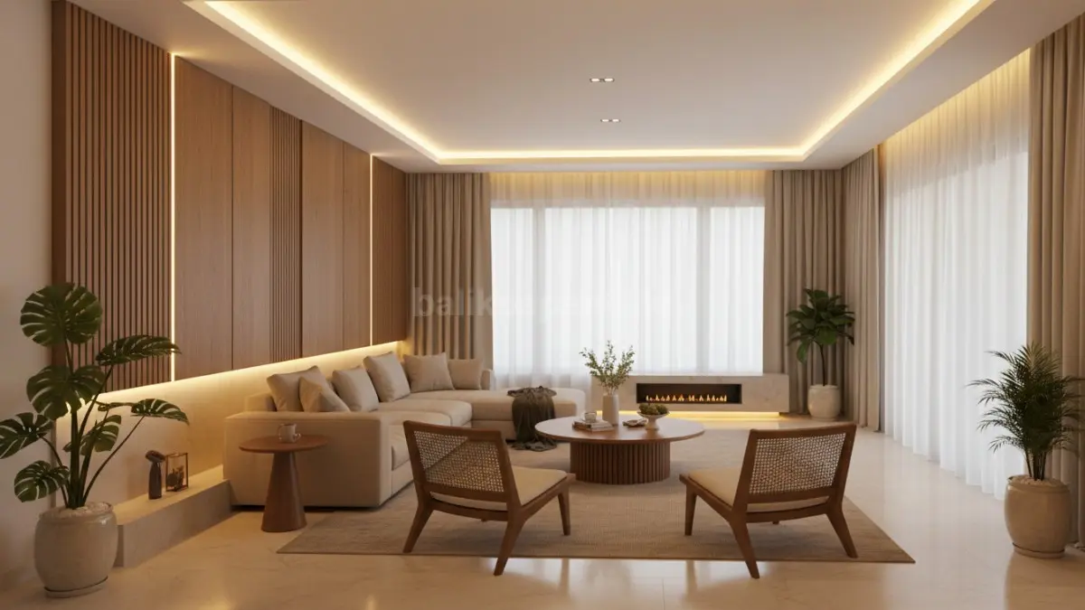 Pencahayaan ambient lampu LED tersembunyi pada ruang tamu modern dengan suasana hangat dan premium. (BTV/Ai)