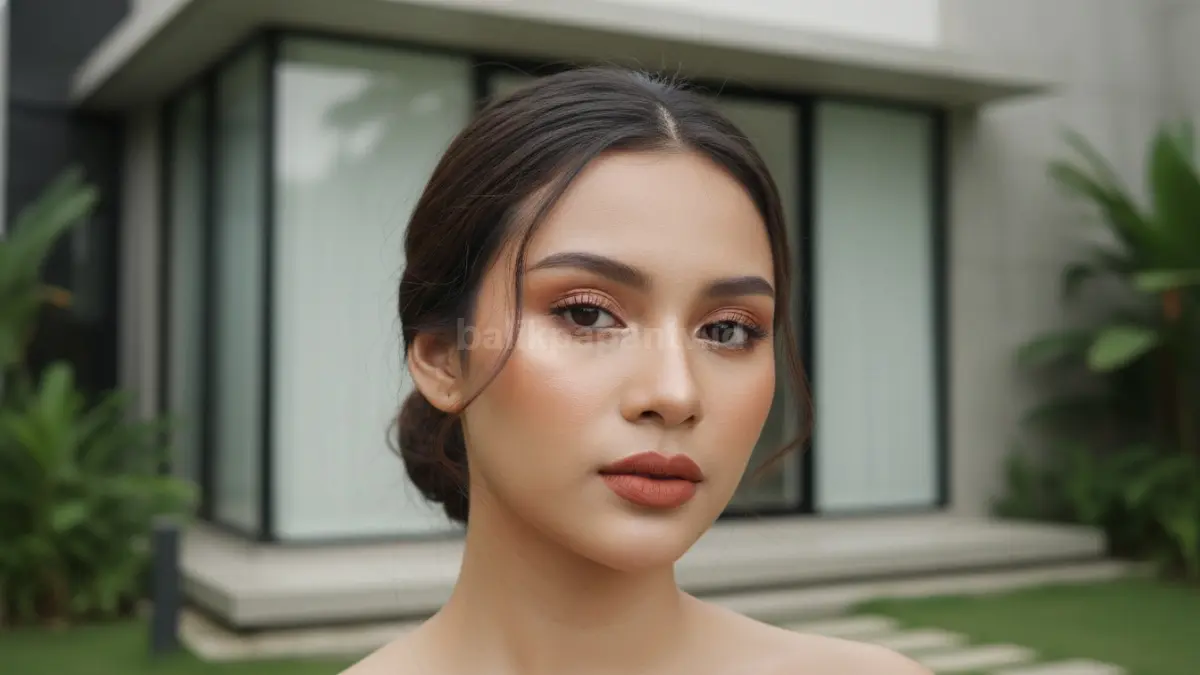 Perempuan dengan kulit sawo matang menggunakan foundation dan lipstik bernuansa hangat untuk tampilan natural.
