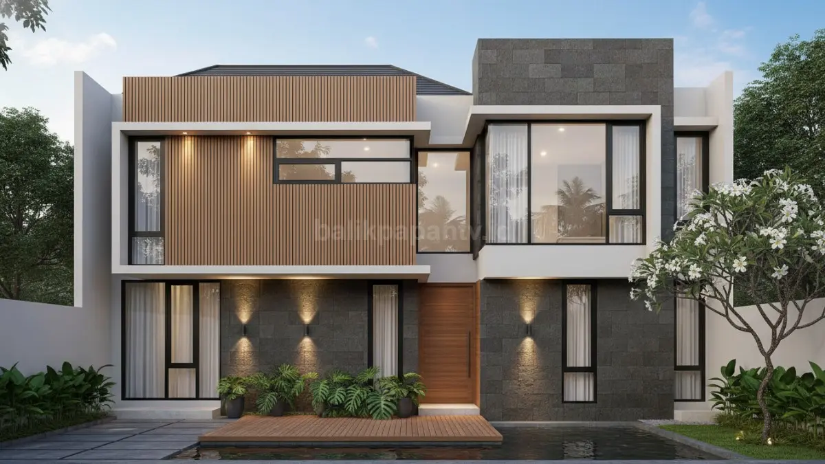 Permainan bidang geometris memberikan tampilan fasad yang modern, tegas, dan berkarakter. (BTV/Ai)