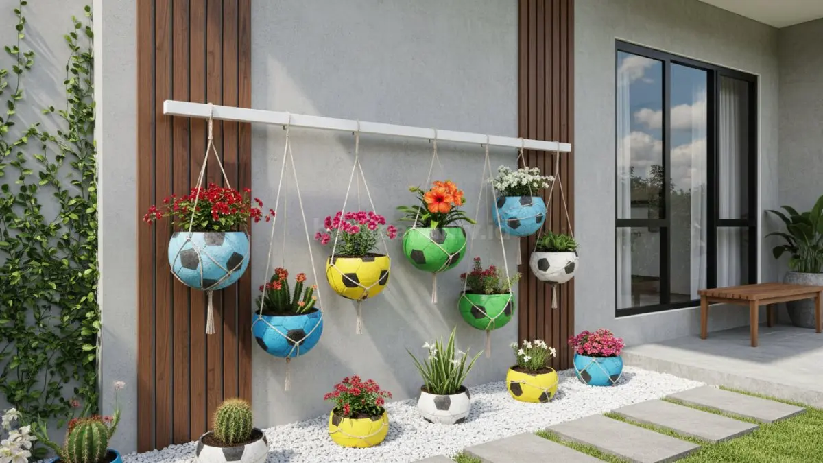 Pot bunga kreatif dari bola sepak bekas kempes yang menghiasi taman rumah minimalis.
