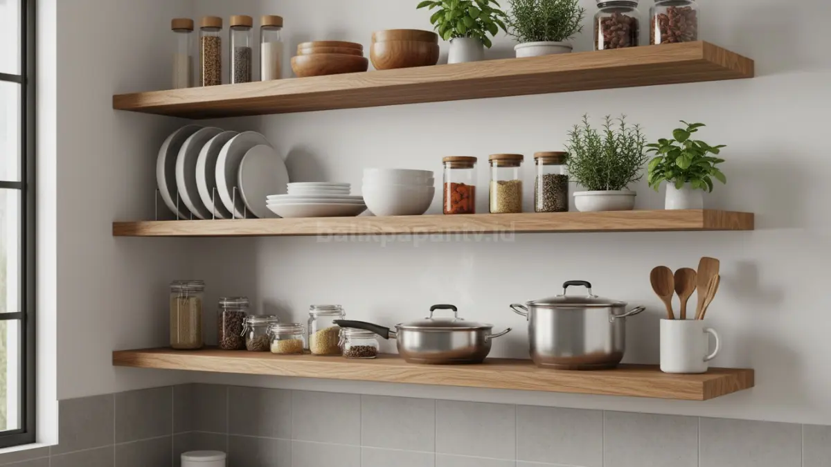 Rak dapur terbuka kayu modern dengan susunan peralatan masak rapi dan dekorasi tanaman herbal (BTV/Ai)
