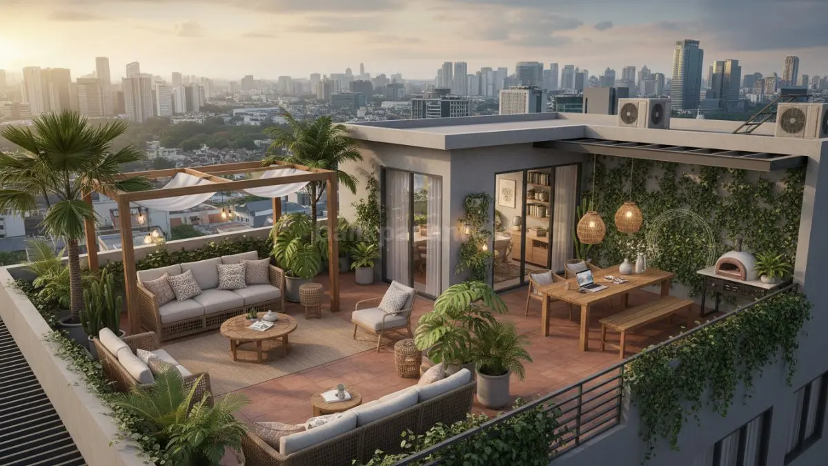 Rooftop multifungsi dengan taman santai dan area duduk modern yang nyaman digunakan sepanjang hari. (BTV/Ai)