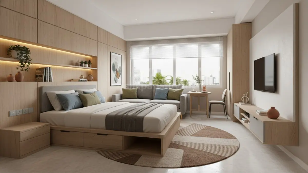 Ruang apartemen modern dengan sofa bed dan tempat tidur storage yang membuat hunian kecil terasa lega. (BTV/Ai)