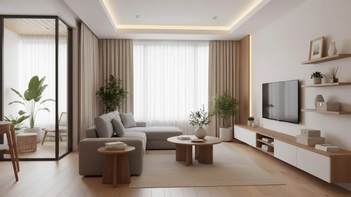 Ruang keluarga modern dengan pencahayaan hangat dan tata ruang rapi ala konsep hotel yang nyaman. (BTV/Ai)